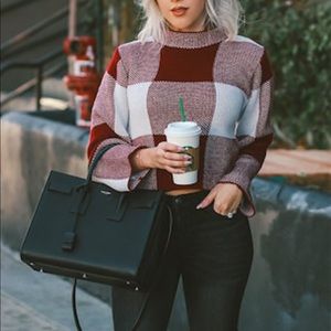 Mockneck checkered maroon sweater NWOT